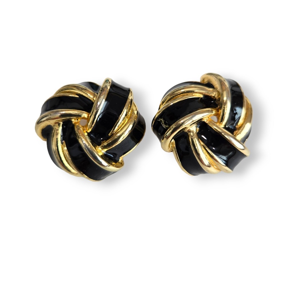 Givenchy Clip On Earrings Enamel Gold Tone Black Vintage Knot Statement